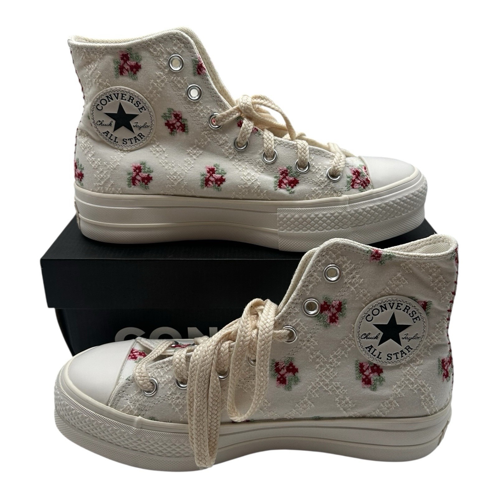 Converse Chuck Taylor All Star Hi Lift Shoes Womens 7.5 White Rose Cross Stitch